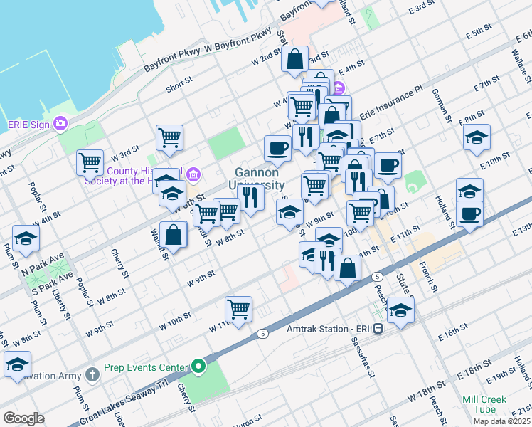 map of restaurants, bars, coffee shops, grocery stores, and more near 248 West 8th Street in Erie