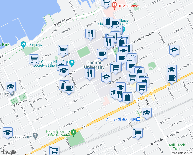 map of restaurants, bars, coffee shops, grocery stores, and more near 248 West 8th Street in Erie