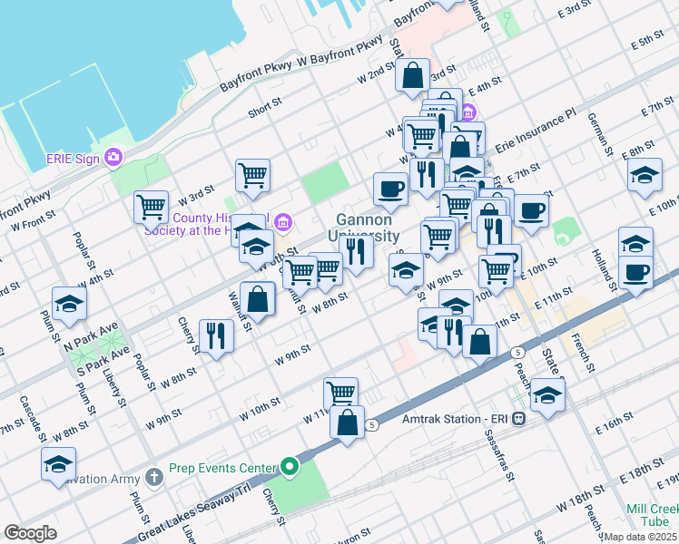 map of restaurants, bars, coffee shops, grocery stores, and more near 309 West 7th Street in Erie