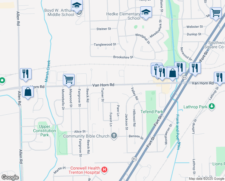 map of restaurants, bars, coffee shops, grocery stores, and more near 3649 Van Horn Road in Trenton