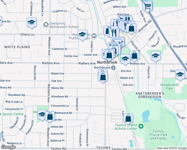 map of restaurants, bars, coffee shops, grocery stores, and more near 2039 Maple Avenue in Northbrook