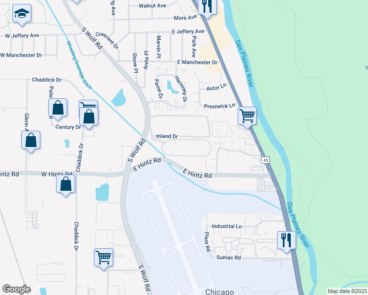 map of restaurants, bars, coffee shops, grocery stores, and more near 475 Plum Creek Drive in Wheeling