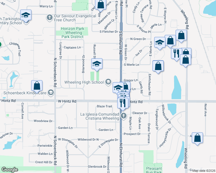 map of restaurants, bars, coffee shops, grocery stores, and more near 900 South Elmhurst Road in Wheeling