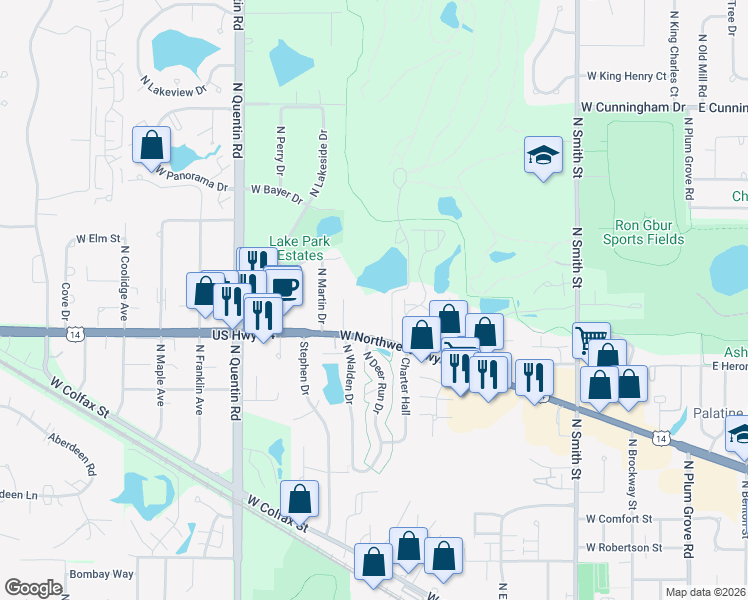 map of restaurants, bars, coffee shops, grocery stores, and more near 542 West Northwest Highway in Palatine