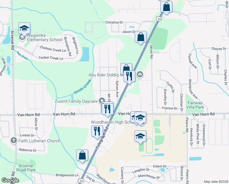 map of restaurants, bars, coffee shops, grocery stores, and more near 24608 Sylvan Avenue in Brownstown Charter Township