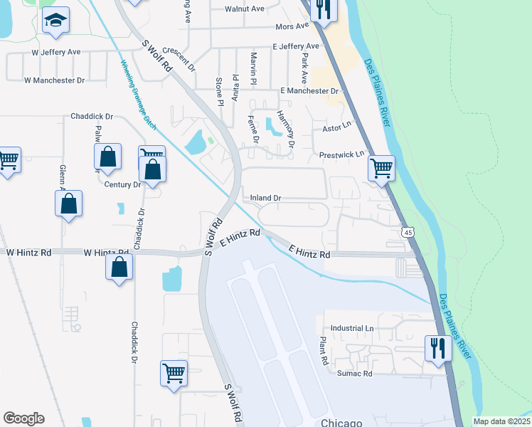 map of restaurants, bars, coffee shops, grocery stores, and more near 350 Plum Creek Drive in Wheeling