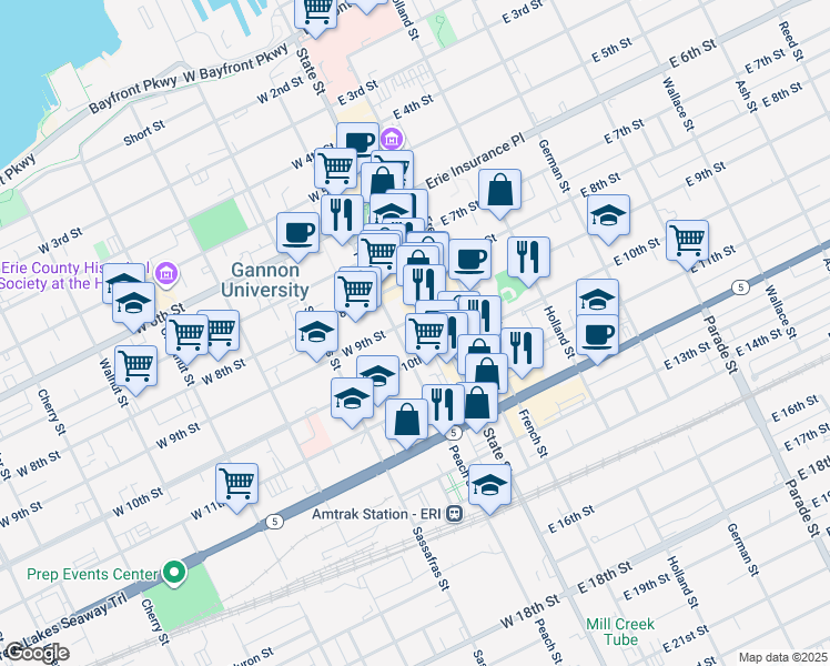 map of restaurants, bars, coffee shops, grocery stores, and more near 19 West 9th Street in Erie