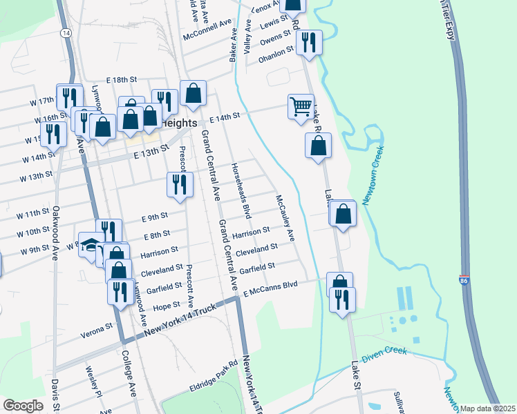 map of restaurants, bars, coffee shops, grocery stores, and more near 400-402 East 8th Street in Elmira Heights