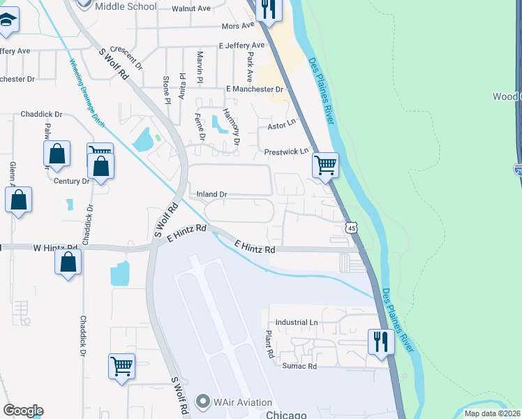 map of restaurants, bars, coffee shops, grocery stores, and more near 475 Plum Creek Drive in Wheeling