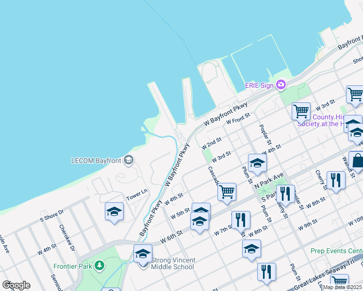 map of restaurants, bars, coffee shops, grocery stores, and more near Erie Bayfront Parkway in Erie