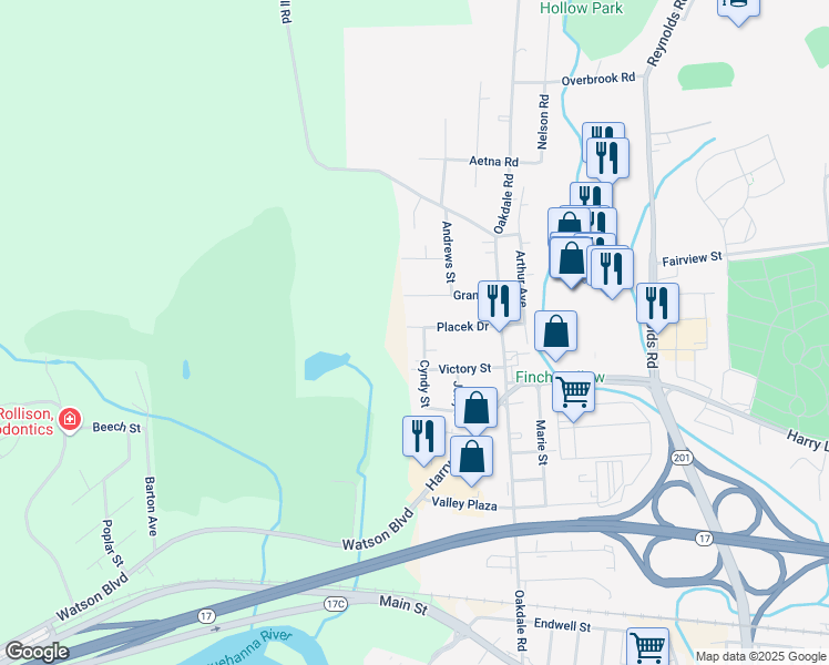 map of restaurants, bars, coffee shops, grocery stores, and more near 229 Cyndy Street in Johnson City