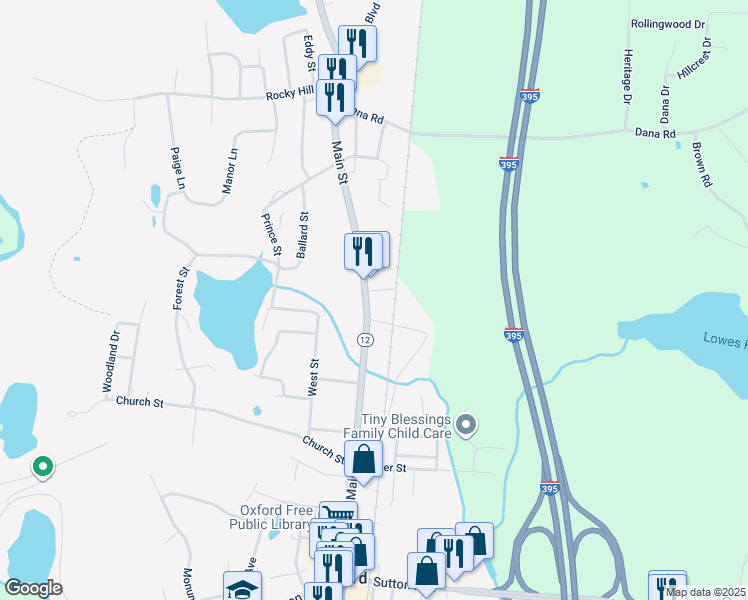 map of restaurants, bars, coffee shops, grocery stores, and more near 386 Main Street in Oxford