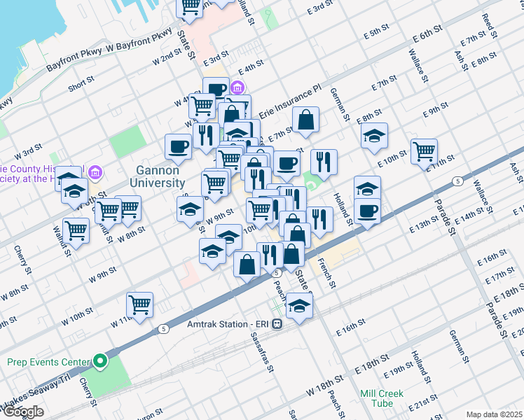 map of restaurants, bars, coffee shops, grocery stores, and more near 900 State Street in Erie