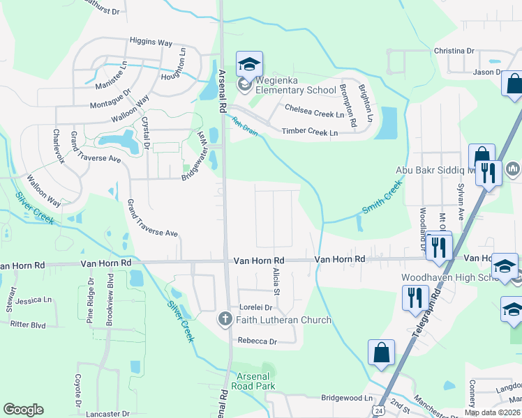 map of restaurants, bars, coffee shops, grocery stores, and more near 24669 Pamela Street in Brownstown Charter Township