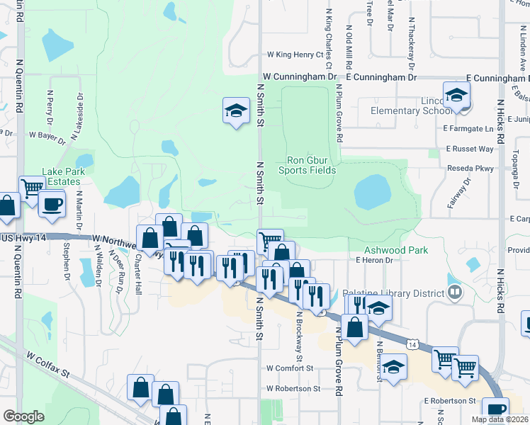 map of restaurants, bars, coffee shops, grocery stores, and more near 190 West Hamilton Drive in Palatine