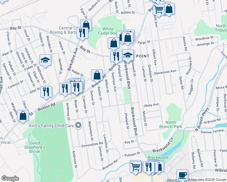 map of restaurants, bars, coffee shops, grocery stores, and more near 90 Seymour Avenue in Springfield