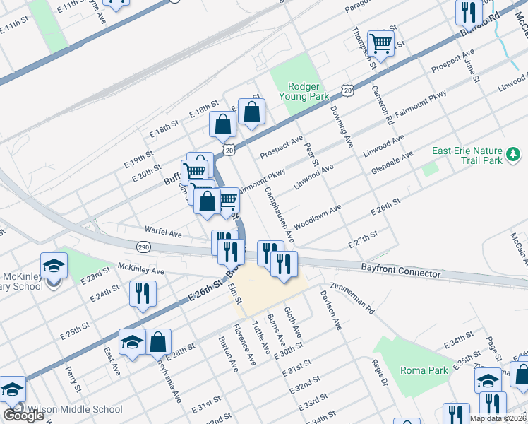 map of restaurants, bars, coffee shops, grocery stores, and more near 2311 Kilpatrick Ave in Erie