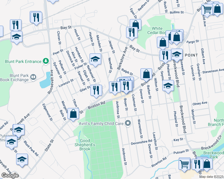 map of restaurants, bars, coffee shops, grocery stores, and more near 115 Berkshire Ave in Springfield
