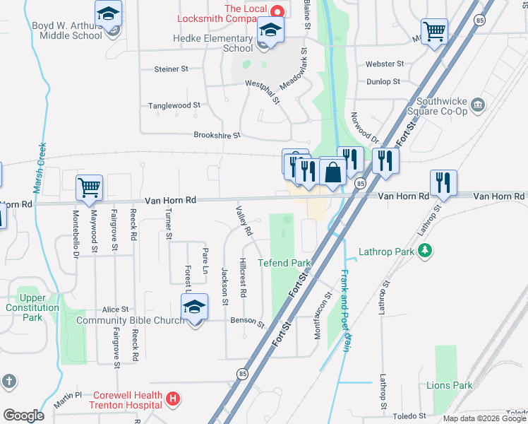 map of restaurants, bars, coffee shops, grocery stores, and more near 3320 Valley Court in Trenton
