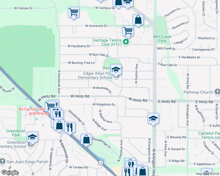 map of restaurants, bars, coffee shops, grocery stores, and more near 320 West Braeside Drive in Arlington Heights