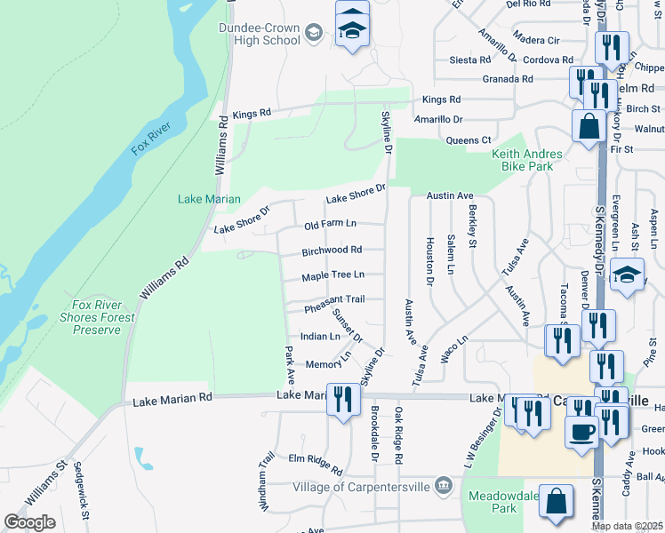 map of restaurants, bars, coffee shops, grocery stores, and more near 144 Maple Tree Lane in Carpentersville