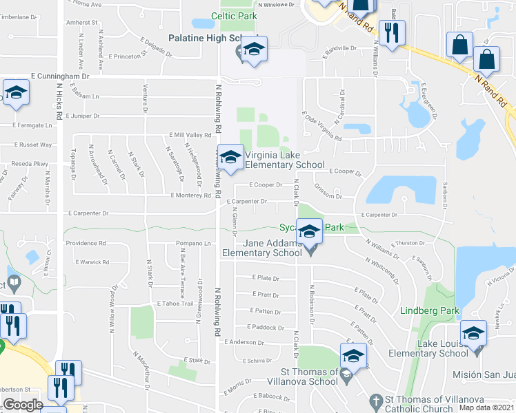 map of restaurants, bars, coffee shops, grocery stores, and more near 817 North Wente Court in Palatine