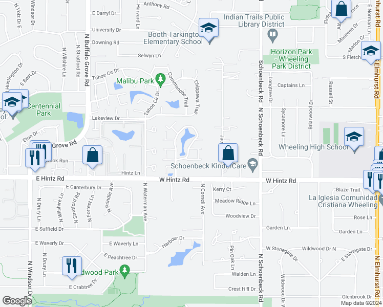 map of restaurants, bars, coffee shops, grocery stores, and more near 715 Lakeside Circle Drive in Wheeling