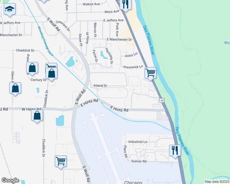 map of restaurants, bars, coffee shops, grocery stores, and more near 475 Plum Creek Drive in Wheeling