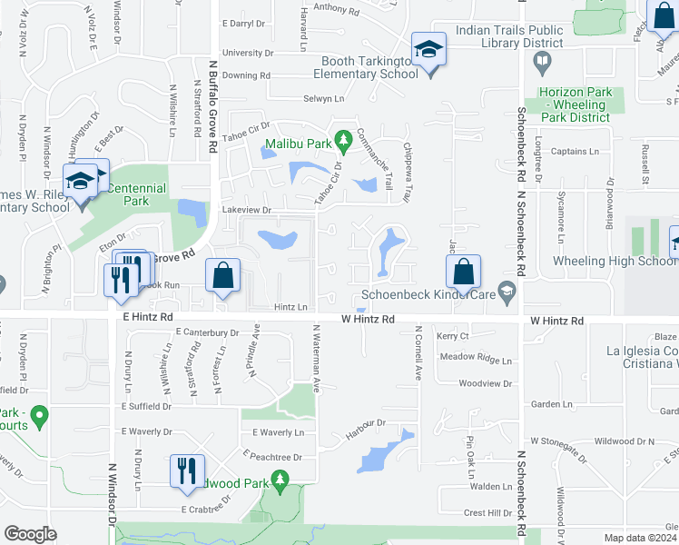 map of restaurants, bars, coffee shops, grocery stores, and more near 1538 Buxton Court in Wheeling