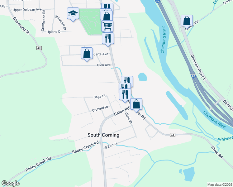 map of restaurants, bars, coffee shops, grocery stores, and more near 44 Emily Drive in Corning