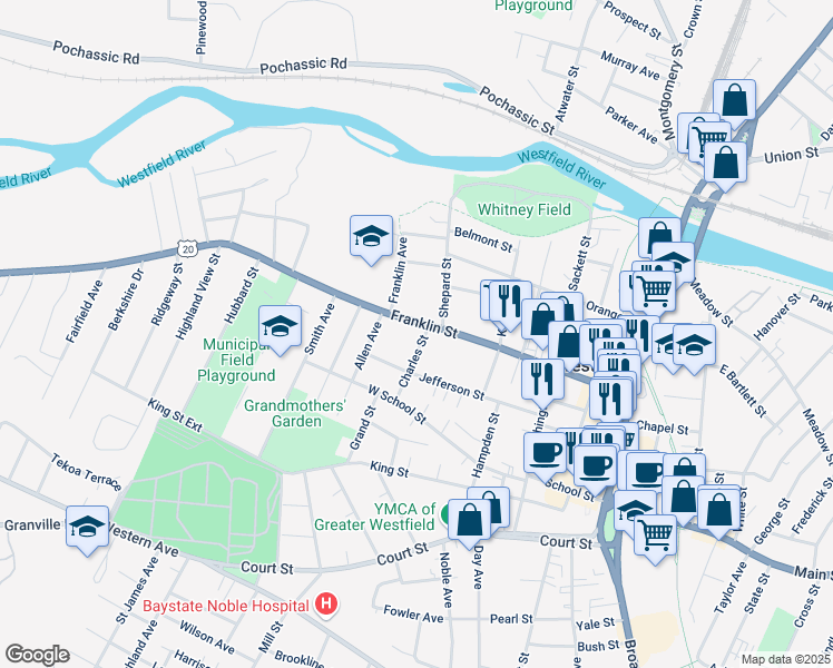 map of restaurants, bars, coffee shops, grocery stores, and more near 3 Charles Street in Westfield