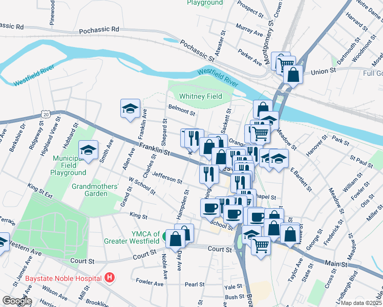 map of restaurants, bars, coffee shops, grocery stores, and more near 71 Franklin Street in Westfield
