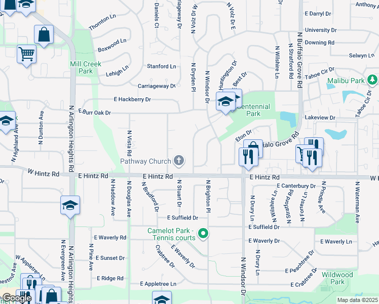 map of restaurants, bars, coffee shops, grocery stores, and more near 2728 North Dryden Place in Arlington Heights