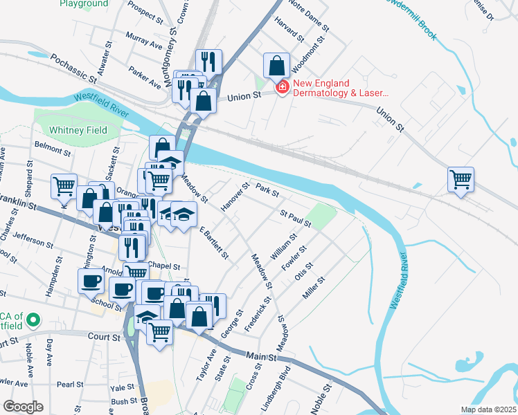 map of restaurants, bars, coffee shops, grocery stores, and more near 14 Saint Paul Street in Westfield