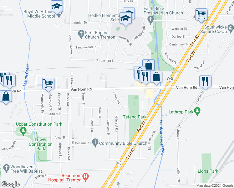 map of restaurants, bars, coffee shops, grocery stores, and more near 4533 Valley Road in Trenton