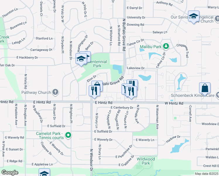 map of restaurants, bars, coffee shops, grocery stores, and more near 2752 North Buffalo Grove Road in Arlington Heights
