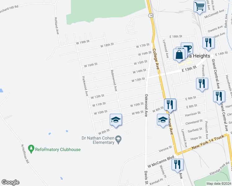 map of restaurants, bars, coffee shops, grocery stores, and more near 251 West 12th Street in Elmira Heights