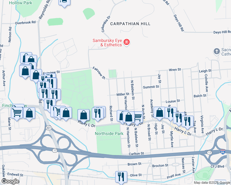 map of restaurants, bars, coffee shops, grocery stores, and more near 199 N Hudson St in Johnson City