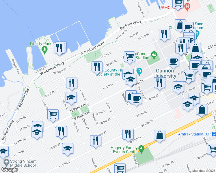 map of restaurants, bars, coffee shops, grocery stores, and more near 536 West 5th Street in Erie