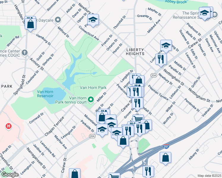 map of restaurants, bars, coffee shops, grocery stores, and more near 117 Miller Street in Springfield