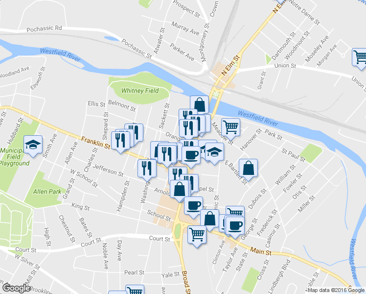 map of restaurants, bars, coffee shops, grocery stores, and more near 29 Maple Street in Westfield