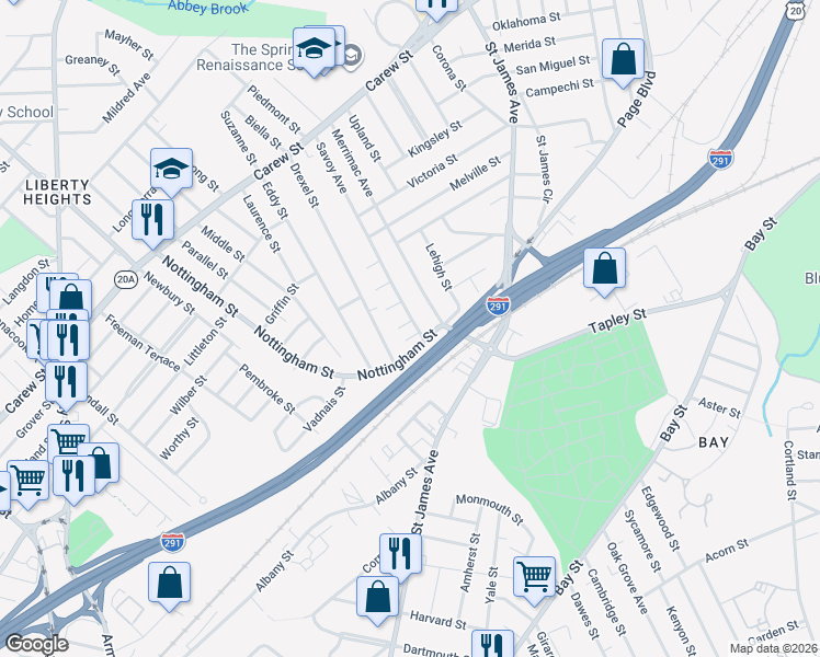 map of restaurants, bars, coffee shops, grocery stores, and more near 20 Cabot Place in Springfield