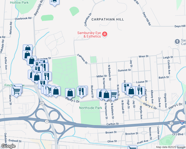 map of restaurants, bars, coffee shops, grocery stores, and more near 199 North Hudson Street in Johnson City