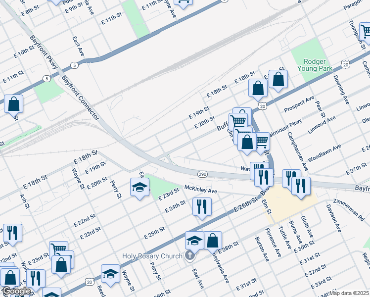 map of restaurants, bars, coffee shops, grocery stores, and more near 1139 Buffalo Road in Erie