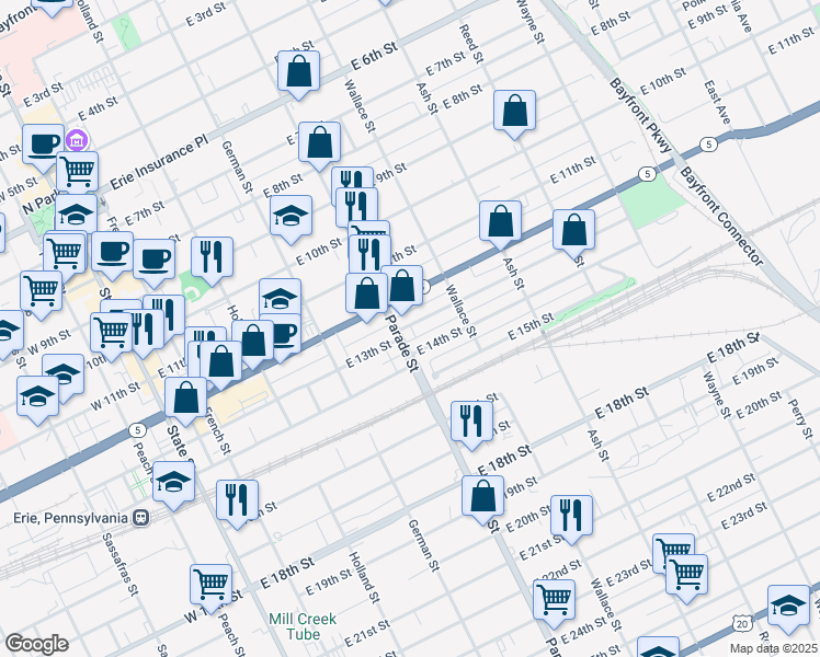 map of restaurants, bars, coffee shops, grocery stores, and more near 409 East 13th Street in Erie