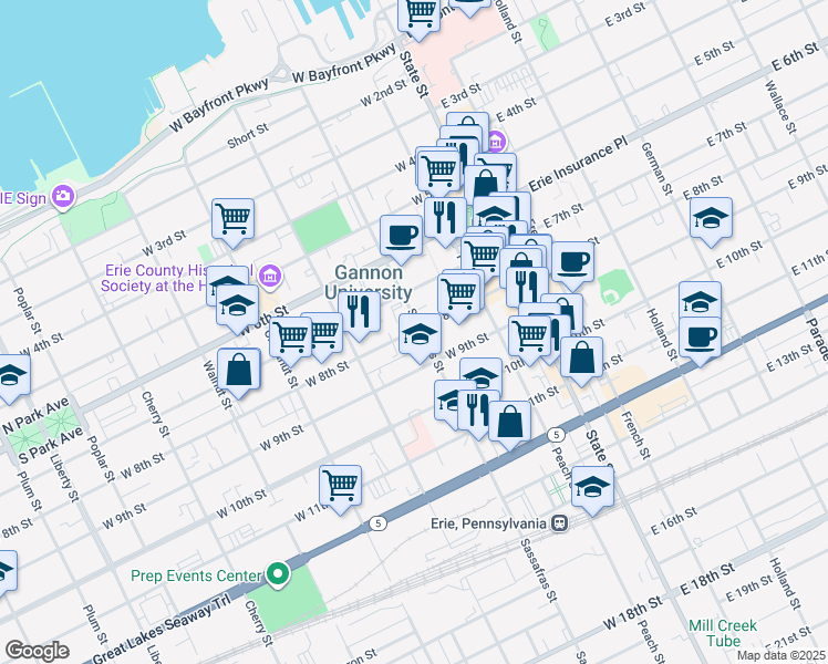 map of restaurants, bars, coffee shops, grocery stores, and more near 204 West 8th Street in Erie
