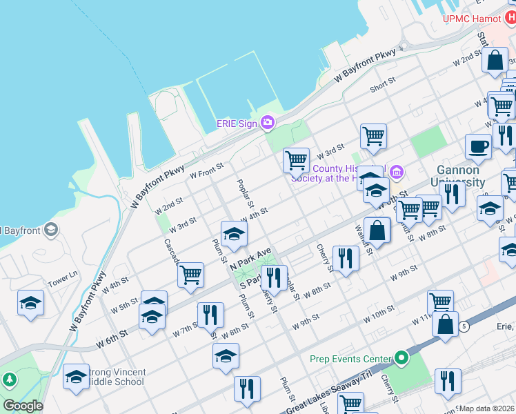 map of restaurants, bars, coffee shops, grocery stores, and more near 4 West Street in Erie