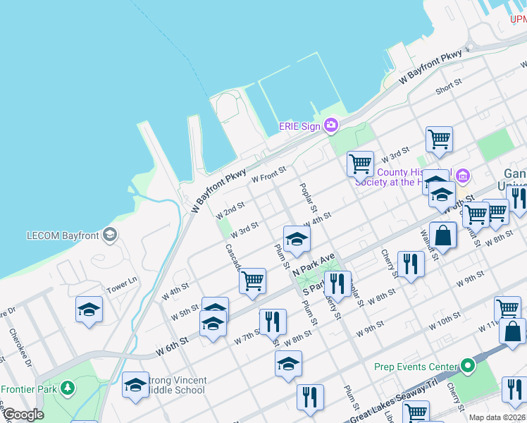 map of restaurants, bars, coffee shops, grocery stores, and more near 210 Plum Street in Erie