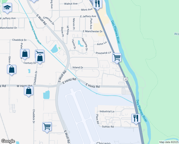 map of restaurants, bars, coffee shops, grocery stores, and more near 475 Plum Creek Drive in Wheeling