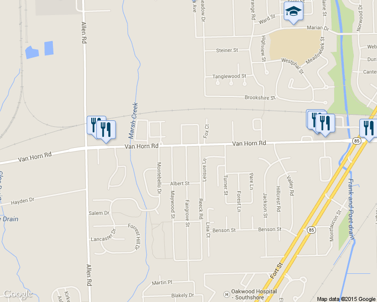 map of restaurants, bars, coffee shops, grocery stores, and more near 18475 Van Horn Road in Trenton